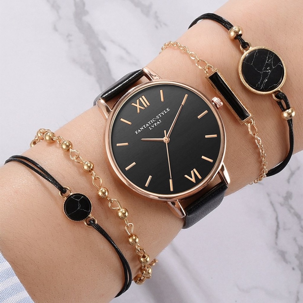 Women's Luxury Leather Band Quartz Watch Set 5 Pcs